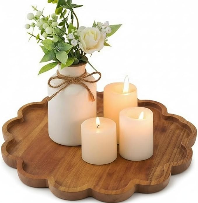 BreezeHug Scalloped Serving Tray 12.6 Inch Wood Decorative Serving Tray with Scalloped Borders Ro... | Amazon (US)