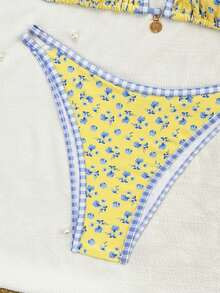 Swim Mod 2026 Spring/Summer 2pcs Adjustable Shoulder Strap Blue Ditsy Floral Gold Disc Decor Sexy... | SHEIN