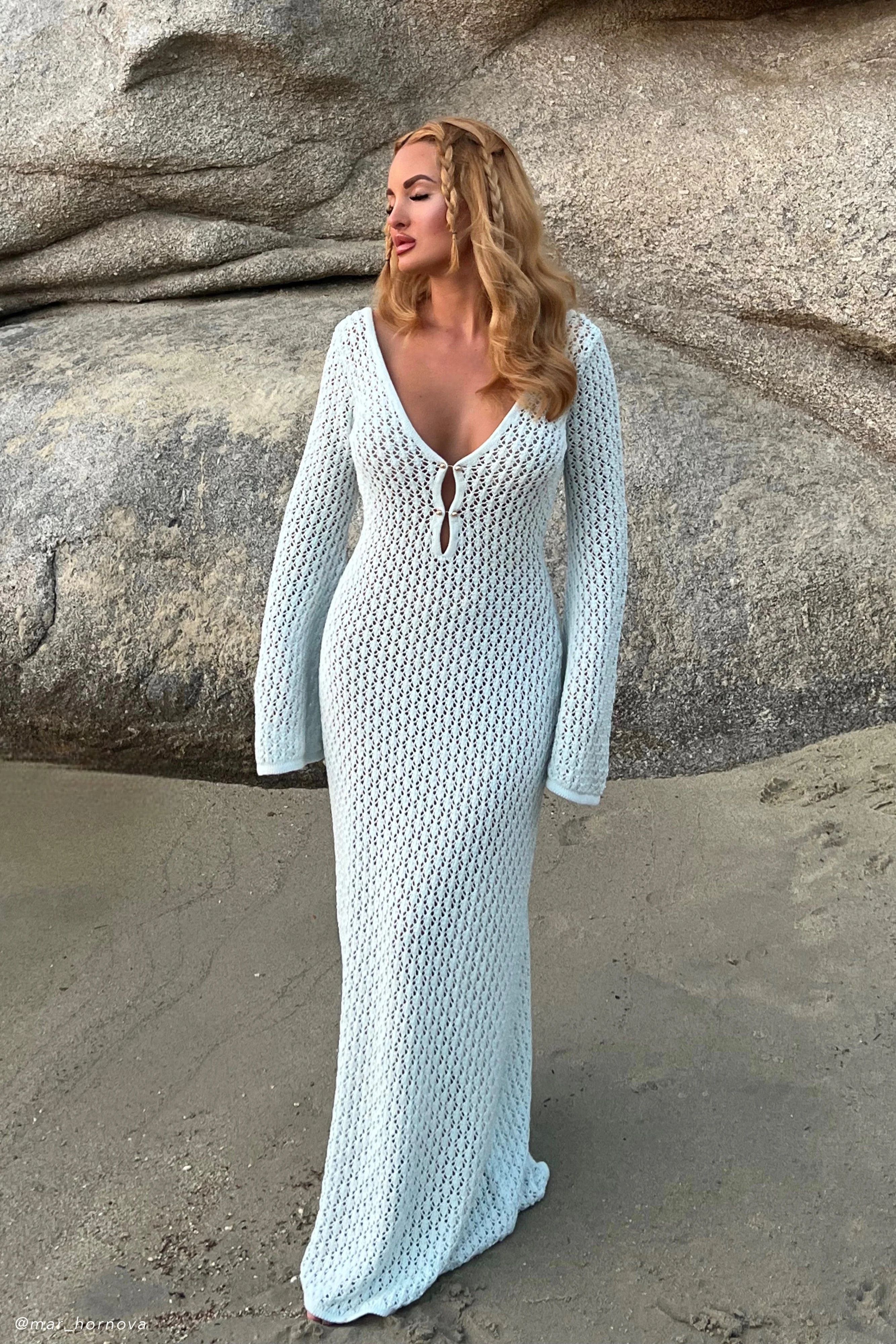 Kayleigh Crochet Fishtail Flare Sleeve Maxi Dress - Arctic Blue | MESHKI US