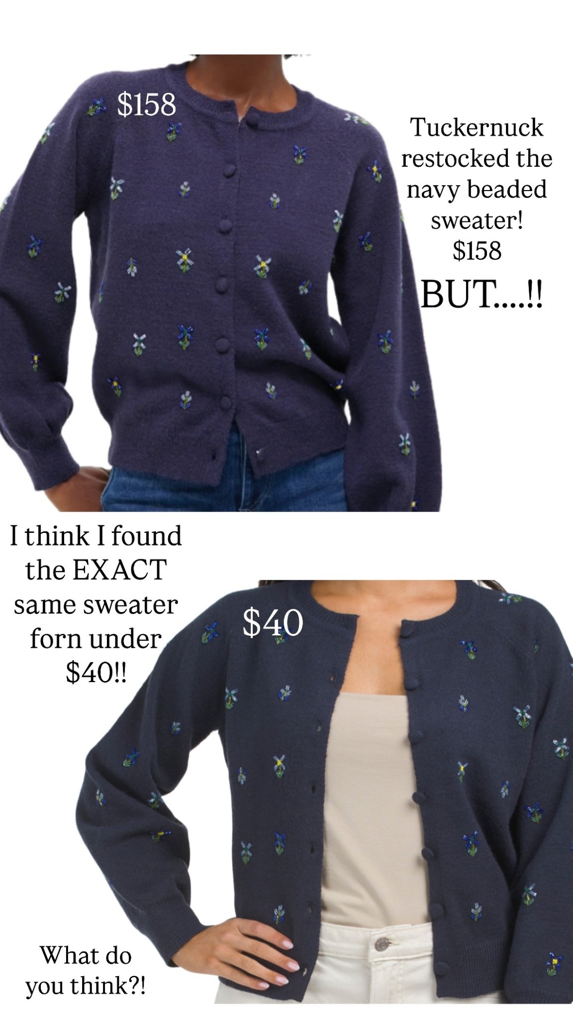 I'm 99% sure this is the exact same sweater! One for $158 & the other for under $40! I know which one I'd choose! I wear a size small in this cardigan. 