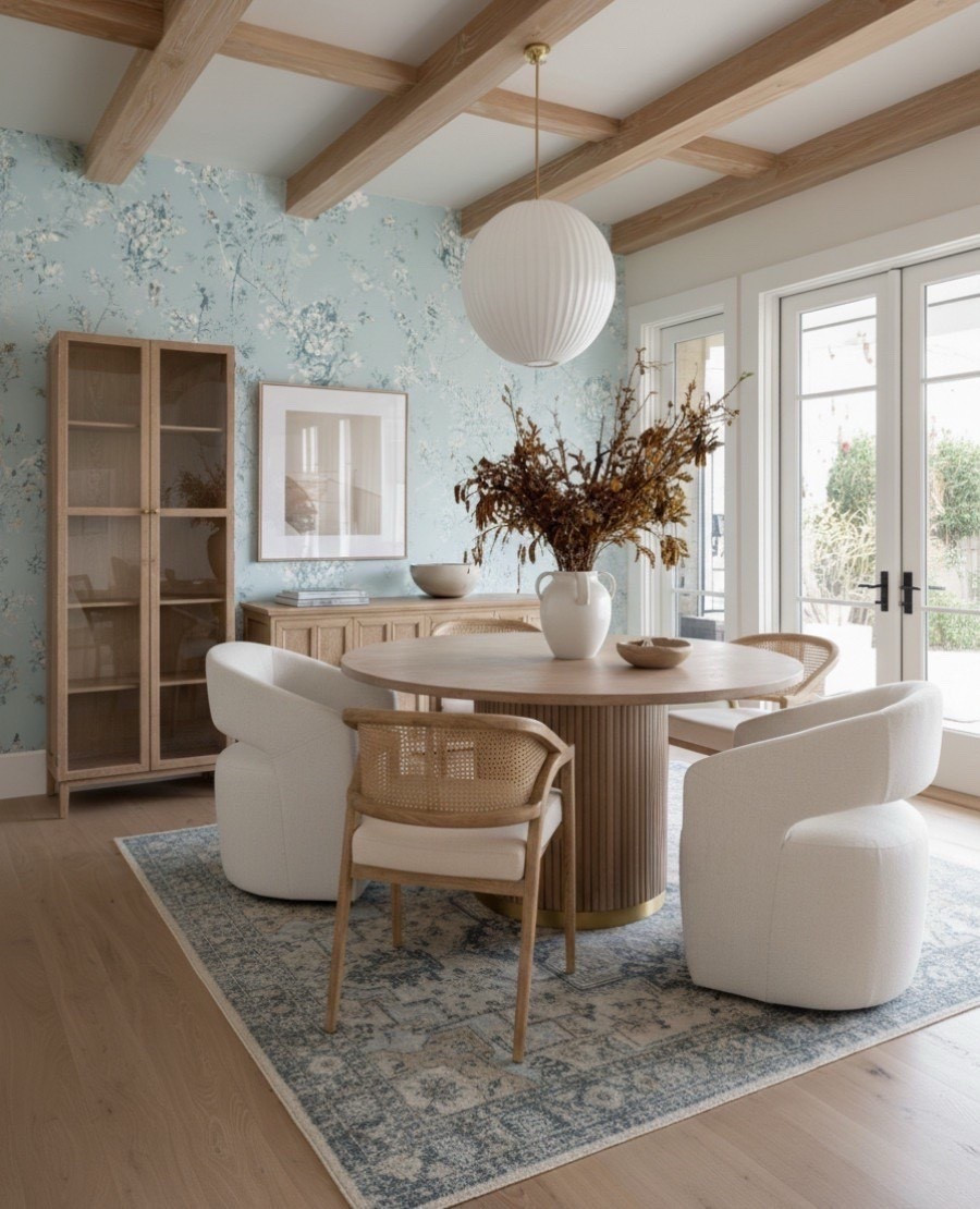 A bright and refreshing take on the everyday dining space.
This breakfast nook layers soft color, light wood, and organic textures to create a space that feels calm yet full of character. The round fluted pedestal dining table anchors the room with sculptural warmth, surrounded by curved upholstered swivel chairs and a woven cane dining chair for a relaxed but elevated mix.

A powder blue floral wallpaper adds just the right amount of charm, balancing beautifully with the natural oak sideboard and glass-front cabinet that showcase collected dinnerware. The vintage-inspired area rug softly grounds the palette in tonal blues and neutrals, while a mid-century globe pendant light ties the whole design together under exposed oak ceiling beams. 


#LTKSaleAlert #LTKHome