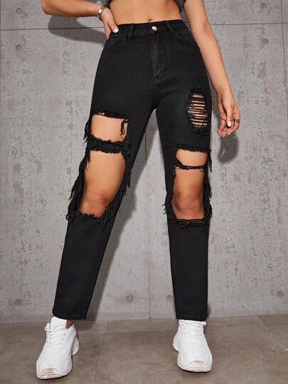 Distressed High-Rise Mom Jeans | SHEIN