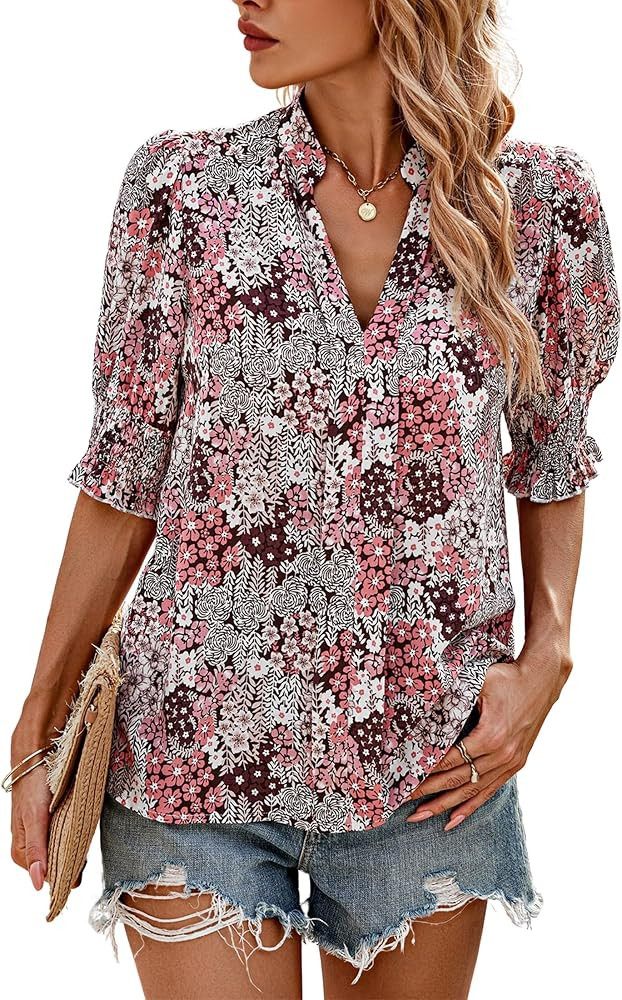 Angashion Women Tops Short Sleeve - Summer Casual V Neck Solid Color Flowy Trendy Tunic Blouses S... | Amazon (US)