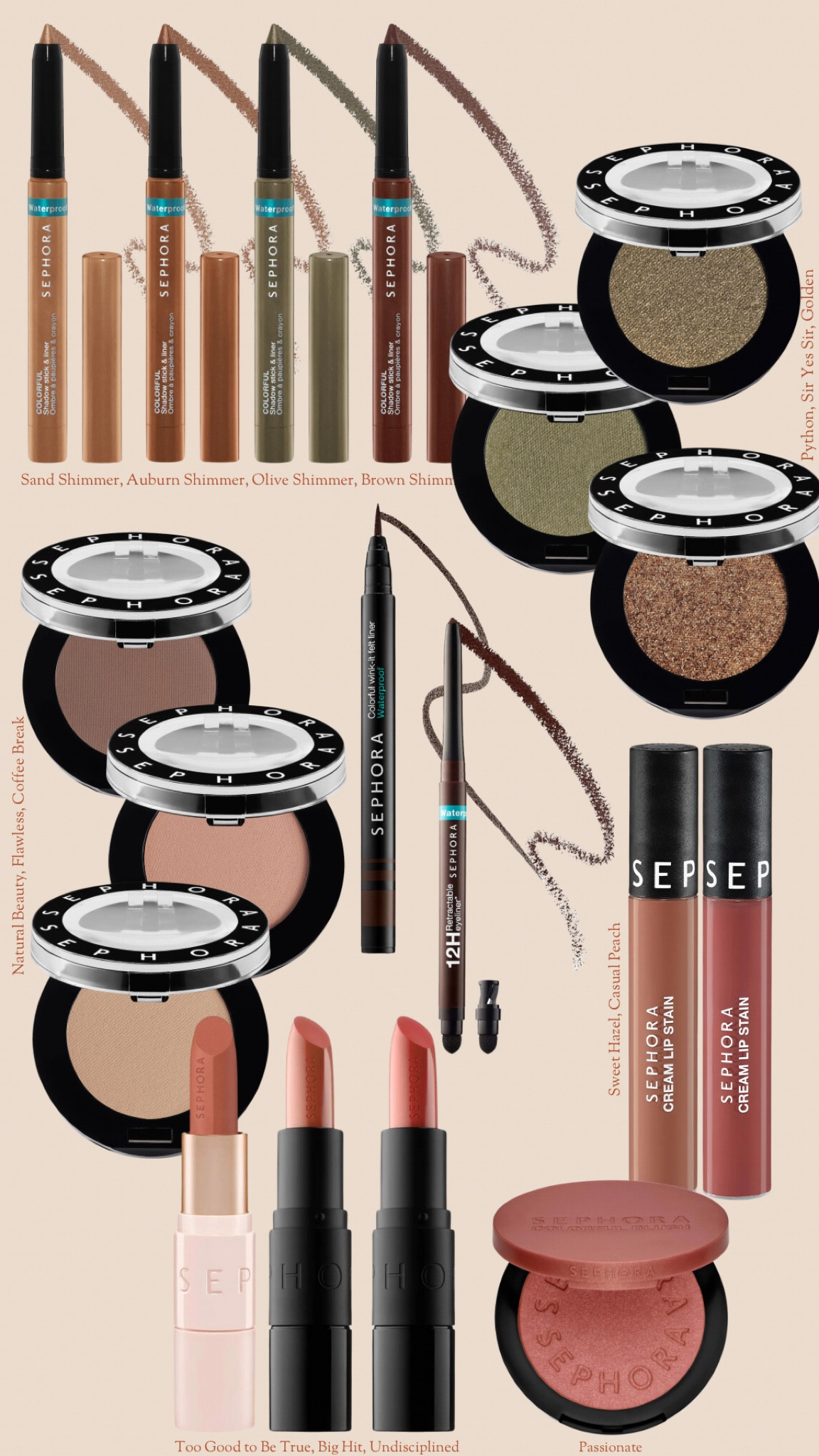 Sephora makeup for Autumns! Eyeshadow, lipstick, matte, lip gloss, long wear, eyeliner, gel, liquid eyeliner, 12 hour, dark brown, olive, coral, warm red, warm tones, true autumn, dark autumn, soft autumn, warm autumn, house of colour autumn, gifts, gift guide, beauty gifts, color analysis, budget

#LTKFindsUnder50 #LTKSaleAlert #LTKBeauty