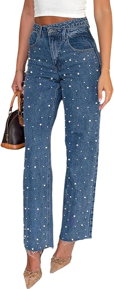 cffvdiz Women's Baggy Y2K Pearl Beaded Straight Leg Jeans Cross Waist Raw Edges Vintage Trendy Bo... | Amazon (US)
