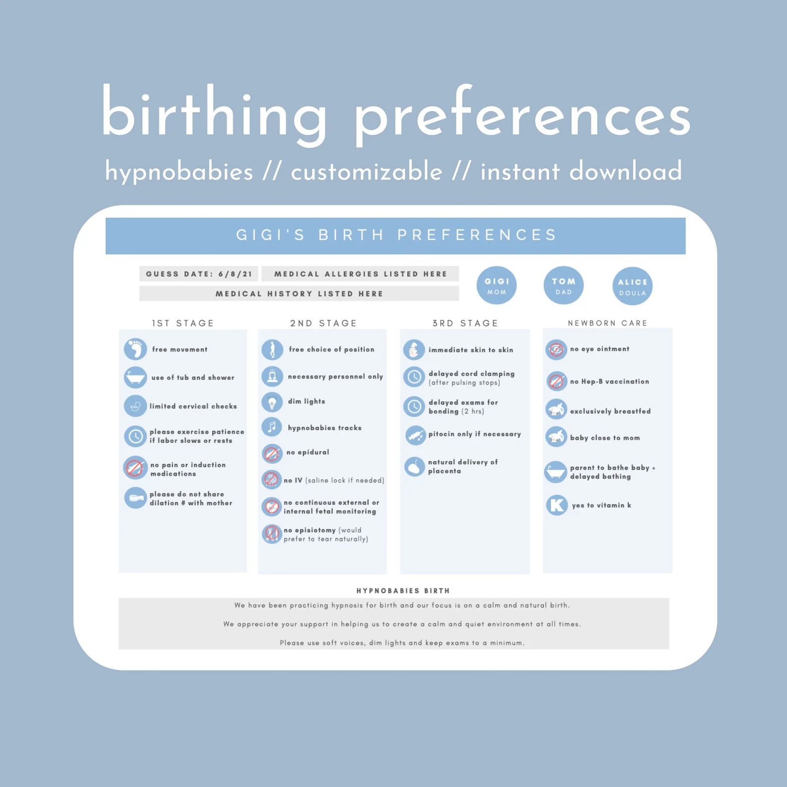 birth preferences // birth plan // hypnobabies // hypnobirthing // visual birth plan // birth pre... | Etsy (US)
