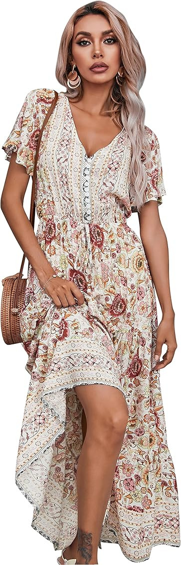 R.Vivimos Womens Summer Floral Print Cotton Short Sleeve Flowy Dress | Amazon (US)