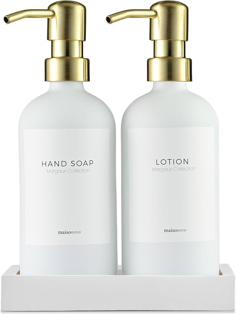 MaisoNovo Glass Soap Dispenser Set | White Bottles Gold Pumps Set of 2 | Amazon (US)
