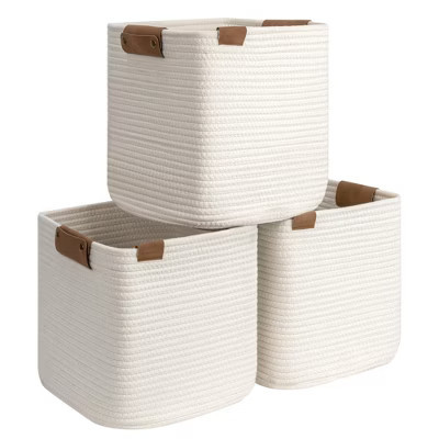 Aoibox White Woven Cotton Rope Storage Baskets with Removable Leather Decoration Organizer for Shelves 11in 3 Pack | Target