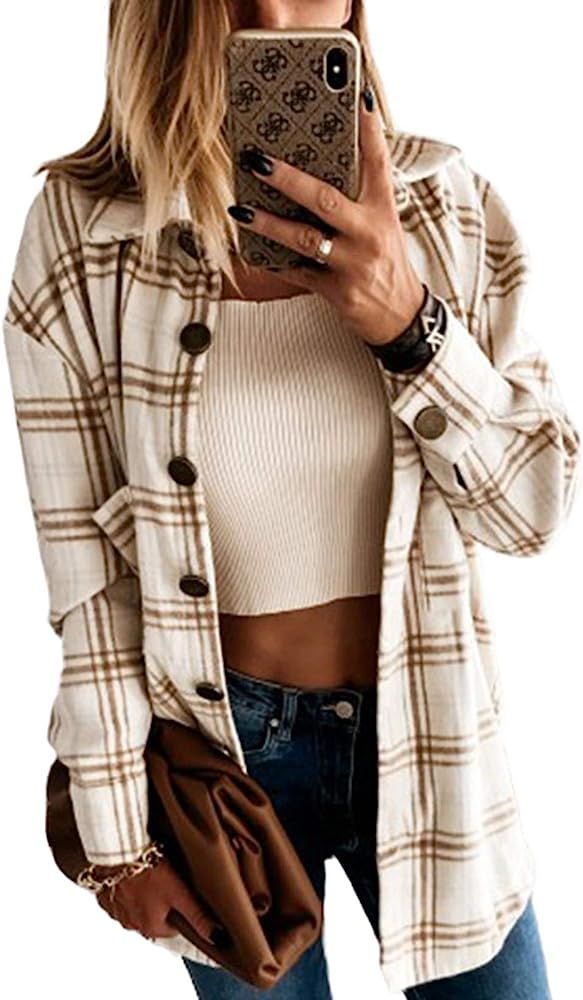 Womens Flannel Plaid Shirts Long Sleeve Casual Mid-Long Blouses Button-Down Shirts with Pockets | Amazon (US)