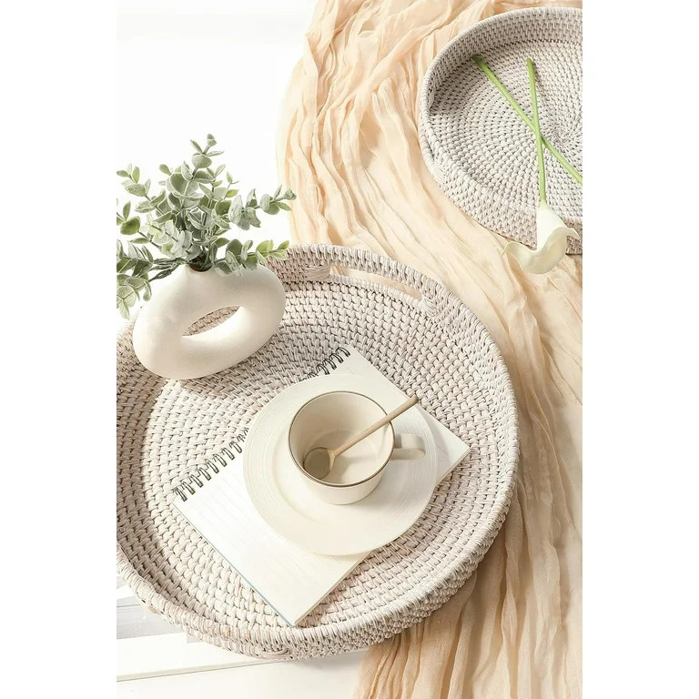 11.8'' Hand-Woven Round Rattan Serving Tray Decorative Wicker Trays with Handles for Coffee Table | Walmart (US)