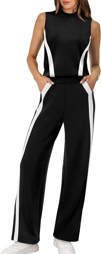 XIEERDUO Two Piece Sets for Women Summer Outfits Travel Mock Neck Lounge Sets Wide Leg Pants Beac... | Amazon (US)