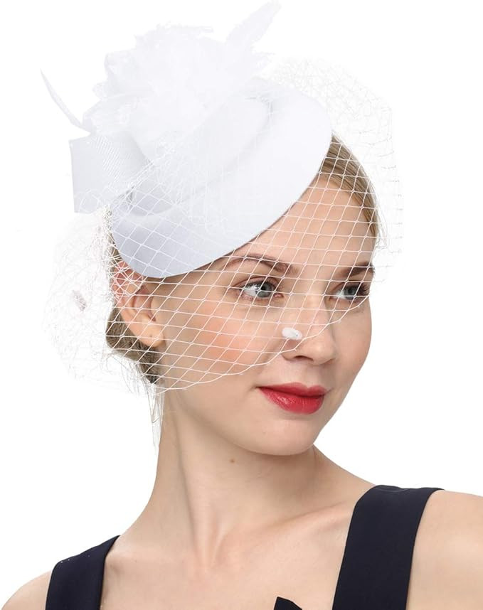 Cizoe Fascinator Hair Clip Pillbox Hat Bowler Feather Flower Veil Wedding Party Hat Tea Hat | Amazon (US)