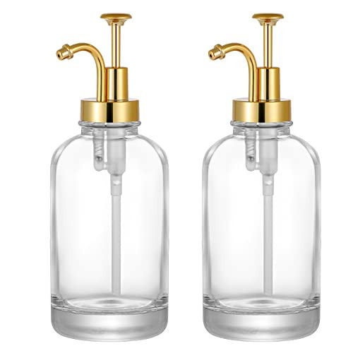 2 Pack Thick Clear Glass Jar Soap Dispenser with Gold Pump, 17ounce Clear Boston Round Bottles Dispenser with Rustproof Pump, Coffee Syrup Dispenser Bar Accessories, Dish Soap Dispenser for Kitchen | Amazon (US)