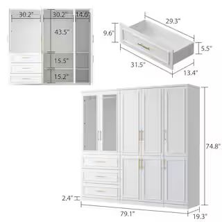 3-Combination White Wood 79.1 in. W 8-Door Big Armoires with Hanging Rods, Drawers, Shelves 74.8 ... | The Home Depot