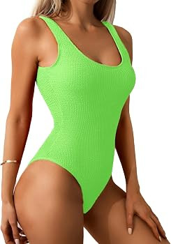 Limeeke Women One Piece Swimsuit Solid Ribbed Monokini Swimwear Scoop Neck Low Back Bathing Suit | Amazon (US)