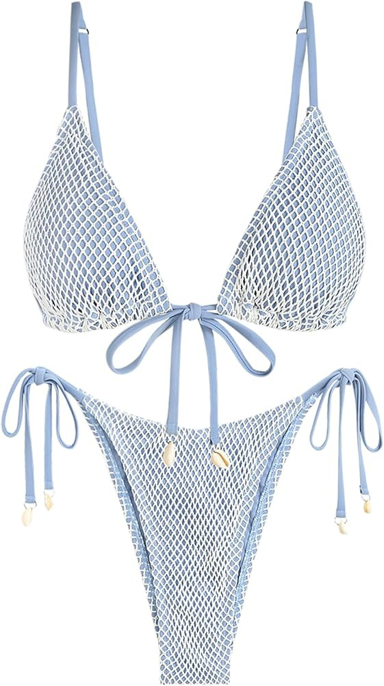 ZAFUL Women Triangle String Two Piece Bikini Fishnet Mesh Tie Shell Decor Tanga 2 Piece Swimsuit | Amazon (US)