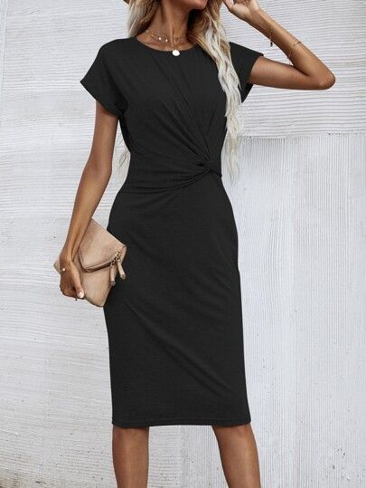 Solid Twist Front Fitted Dress | SHEIN
