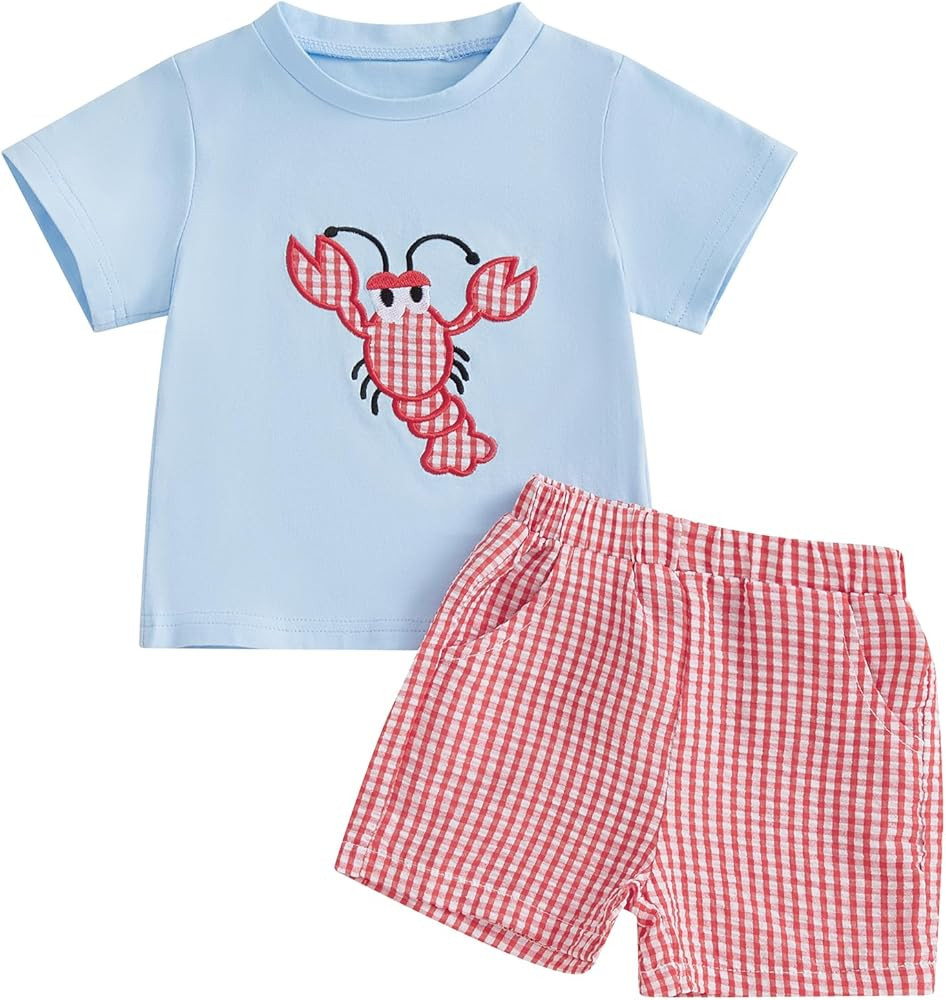 vchoohce Toddler Little Boy Shorts Set Seafood Embroidered Short Sleeve T-shirts Plaid Elastic Wa... | Amazon (US)