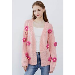 3D Stitch Flower Open Front Knit Cardigan in Pink | Chicwish