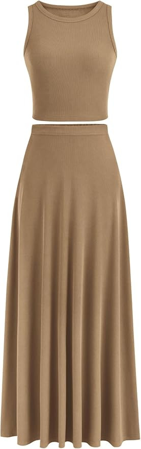 PRETTYGARDEN Women's 2 Piece Maxi Skirt Sets Casual Summer Knit Cropped Tank Top High Waisted Lon... | Amazon (US)