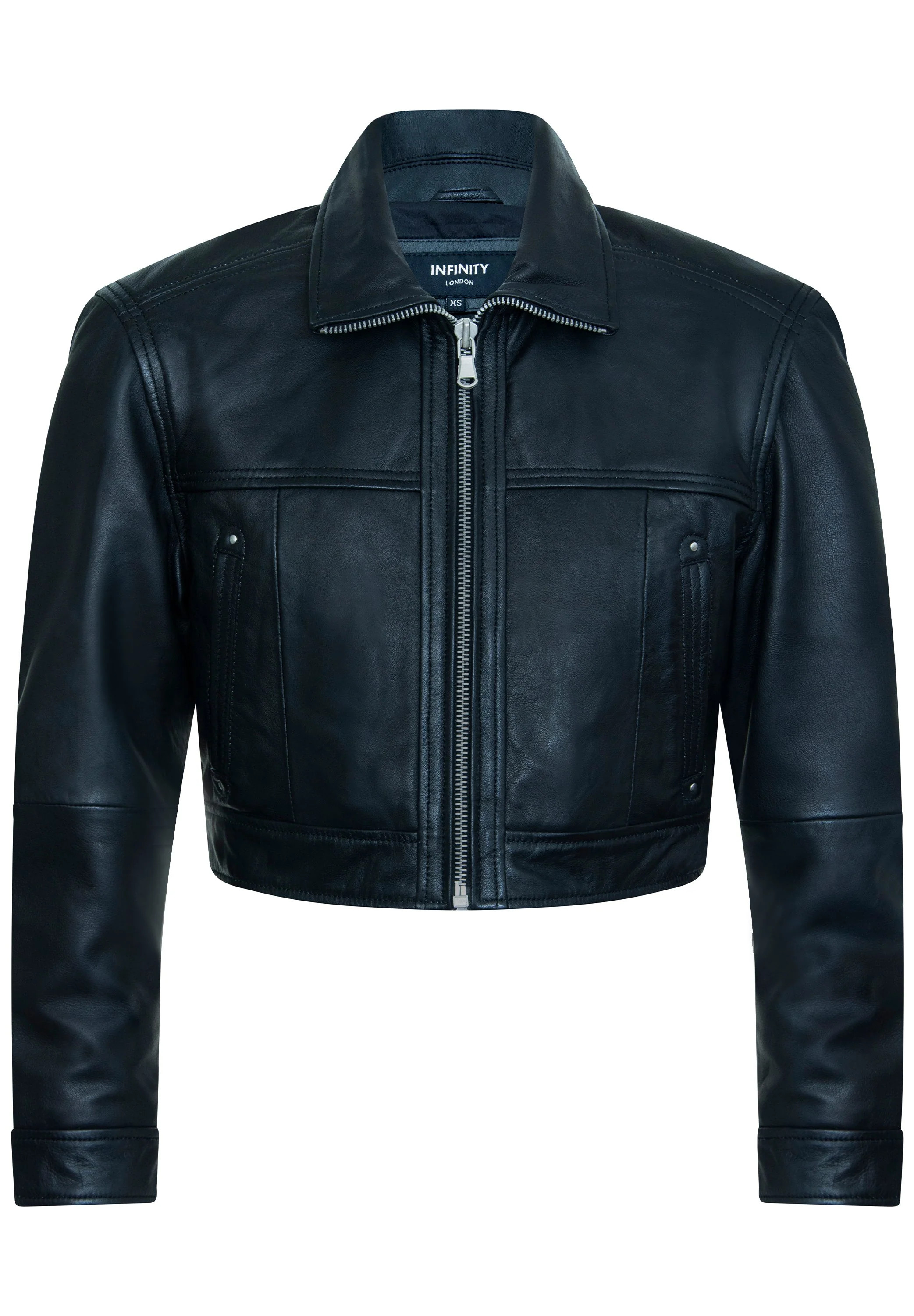 Womens Black Cropped Biker Leather Jacket - Dubai | Shop Simon