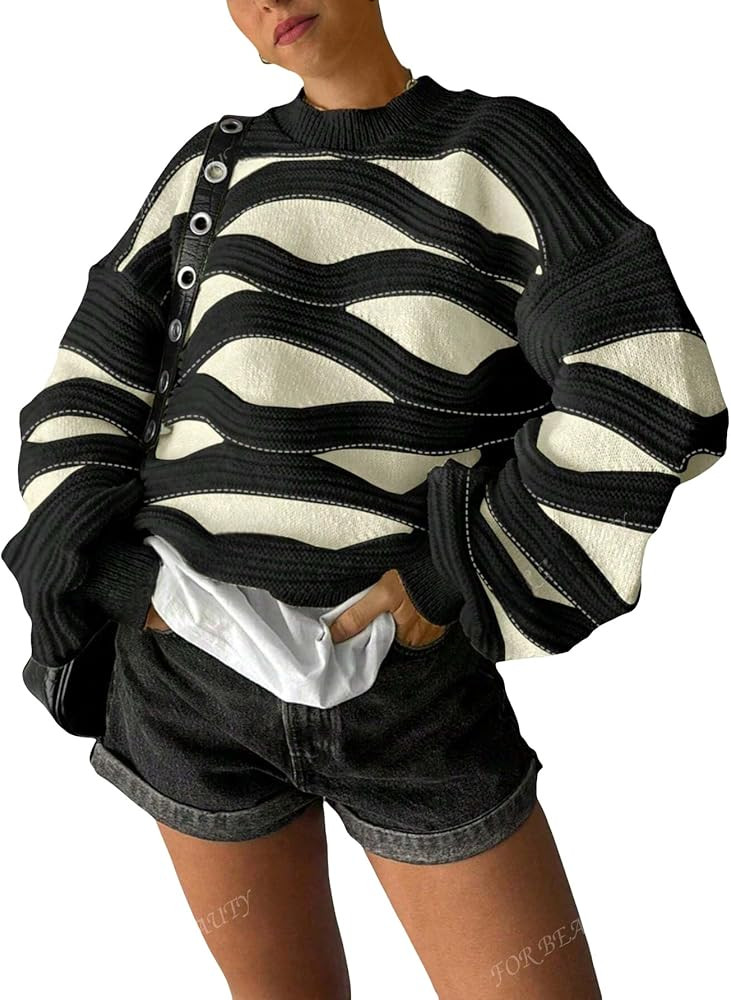 ZAFUL Women's Oversized Round Neck Wave Stripe Dopamine Color Block Long Sleeve Crewneck Knit Swe... | Amazon (US)