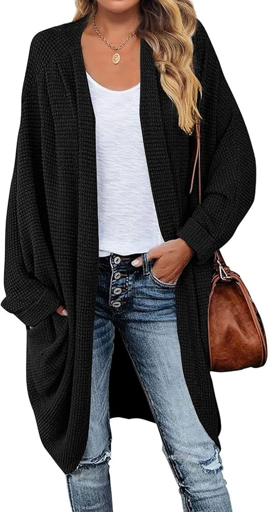 MEROKEETY Women's 2024 Fall Waffle Knit Batwing Long Sleeve Cardigan Loose Open Front Sweater Coa... | Amazon (US)