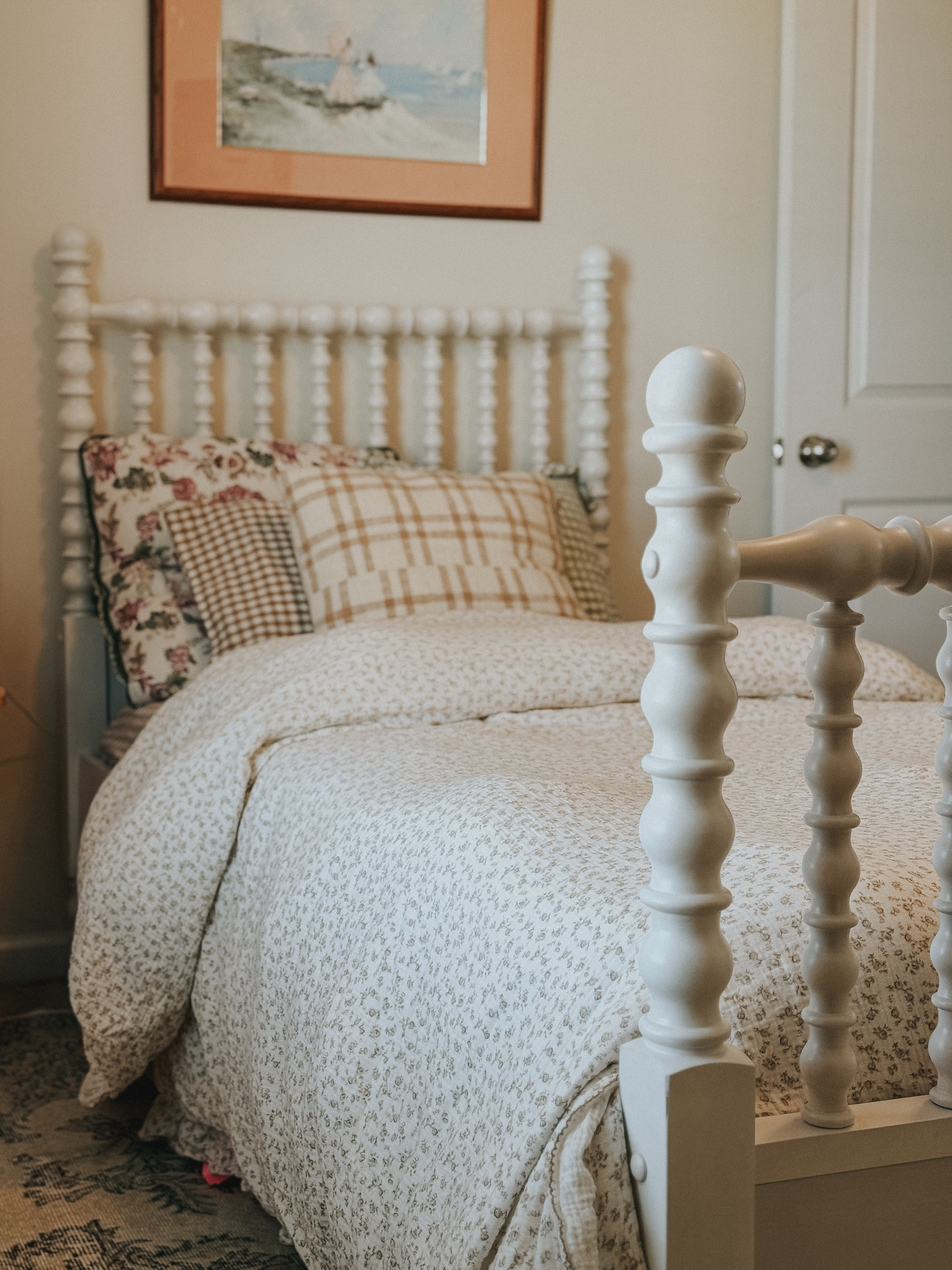 White spindle kids bed. Tan gingham sheets. Linen gingham. Linens sheets. Girls room. Girls bedding. Floral duvet. Vintage inspired bedding. Vintage duvet  

#LTKHome #LTKKids