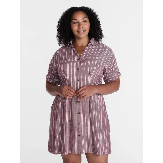 Time and Tru Women's Linen Blend Pleated Mini Shirtdress with Short Sleeves, Sizes XS-XXXL | Walmart (US)