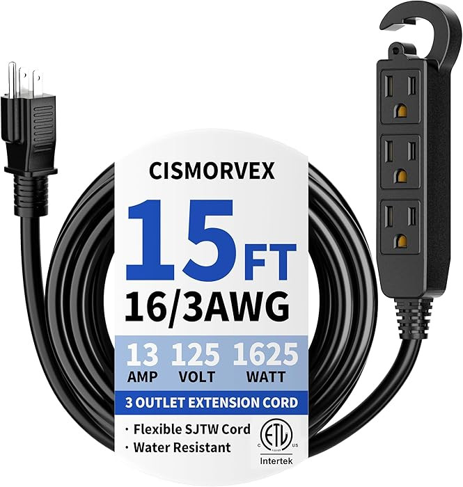 15 Ft 3 Outlet Outdoor Extension Cord Waterproof, Grounded Extension Cord with Multiple Outlets, ... | Amazon (US)