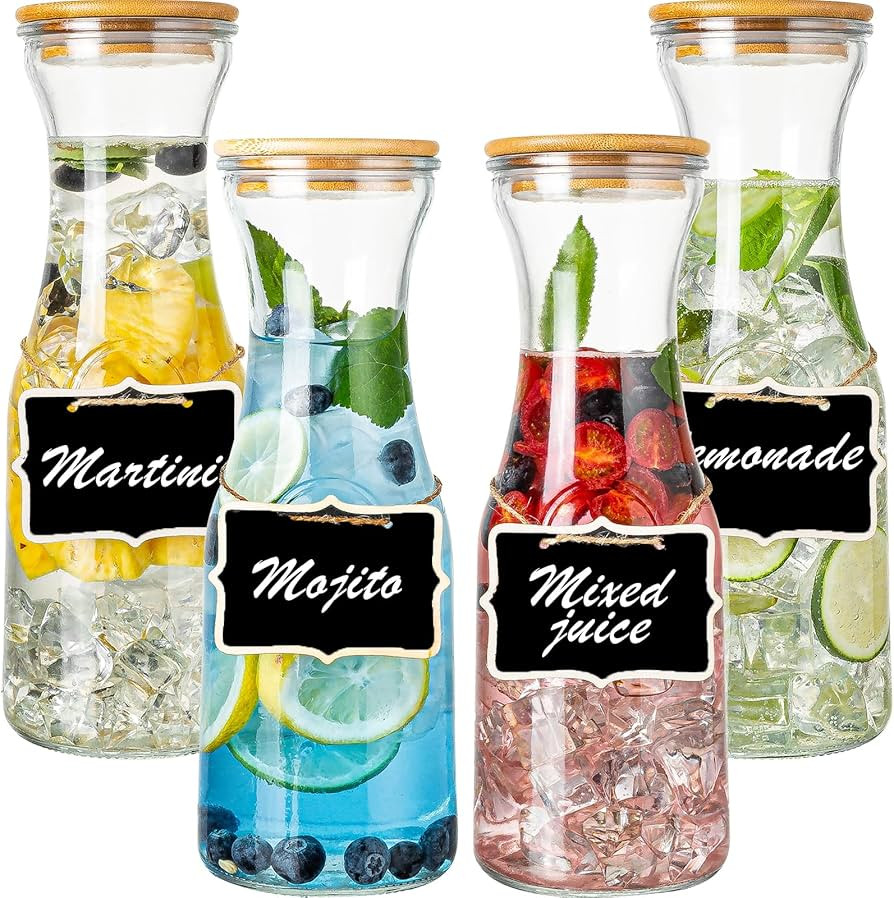 Glass Carafe Pitchers with Bamboo Lids, 4 pcs 1 Liter Beverage Serveware Pitcher Carafe Set for M... | Amazon (US)