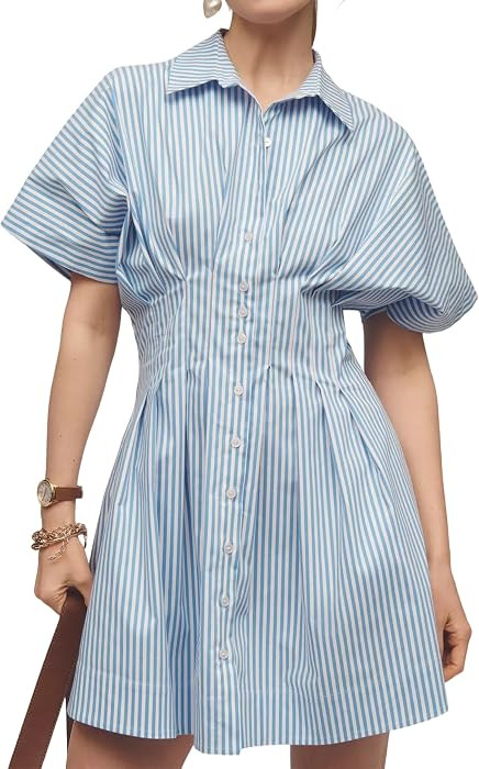 Dsewpaur Women Button Front Pleated Shirt Dress Summer Casual Short Sleeve Pleated Blouse Mini Dr... | Amazon (US)