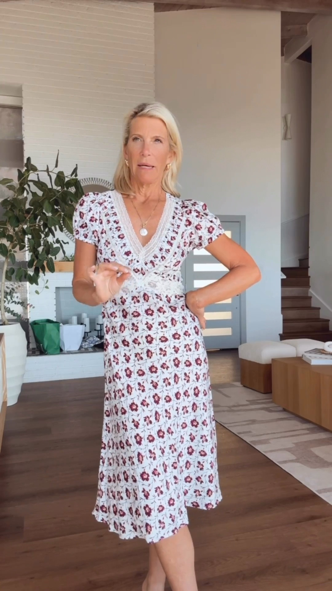 Feminine floral dress with v neck and lace detail summer outfit.

#LTKootd #LTKOver40 #LTKSaleAlert