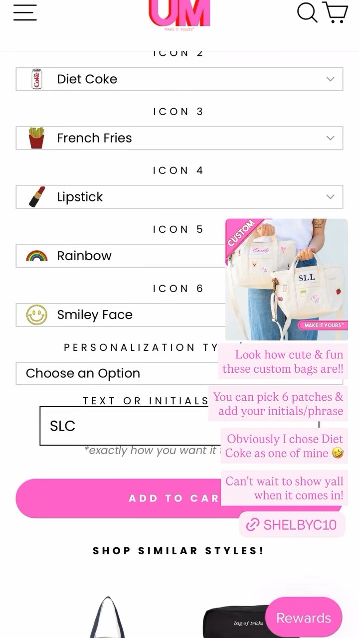 Look how cute & fun these custom bags are!! 

You can pick 6 patches & add your initials/phrase

Obviously I chose Diet Coke as one of mine 🤣

Can’t wait to show yall when it comes in!