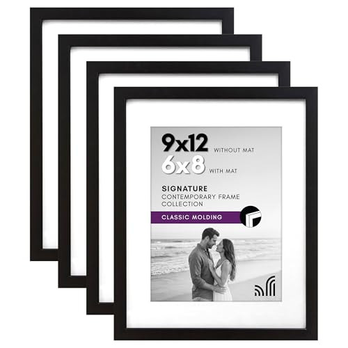 Americanflat 9x12 Picture Frame with Shatter-Resistant Glass - Set of 4 - Use as 6x8 Frame with Mat or Display 9x12 Photo Without Mat - Signature Collection - Photo Frames for Tabletop or Wall - Black | Amazon (US)