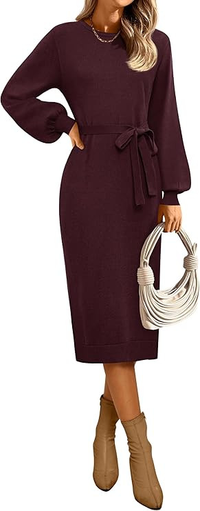 MIROL Women's 2025 Fall Sweater Dress Crew Neck Long Puff Sleeve Tie Waist Knit Midi Dress with B... | Amazon (US)