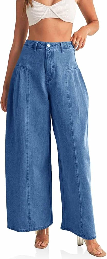 PLNOTME Womens Baggy High Waisted Jeans Loose Boyfriend Wide Leg Side Pleated Denim Pants | Amazon (US)