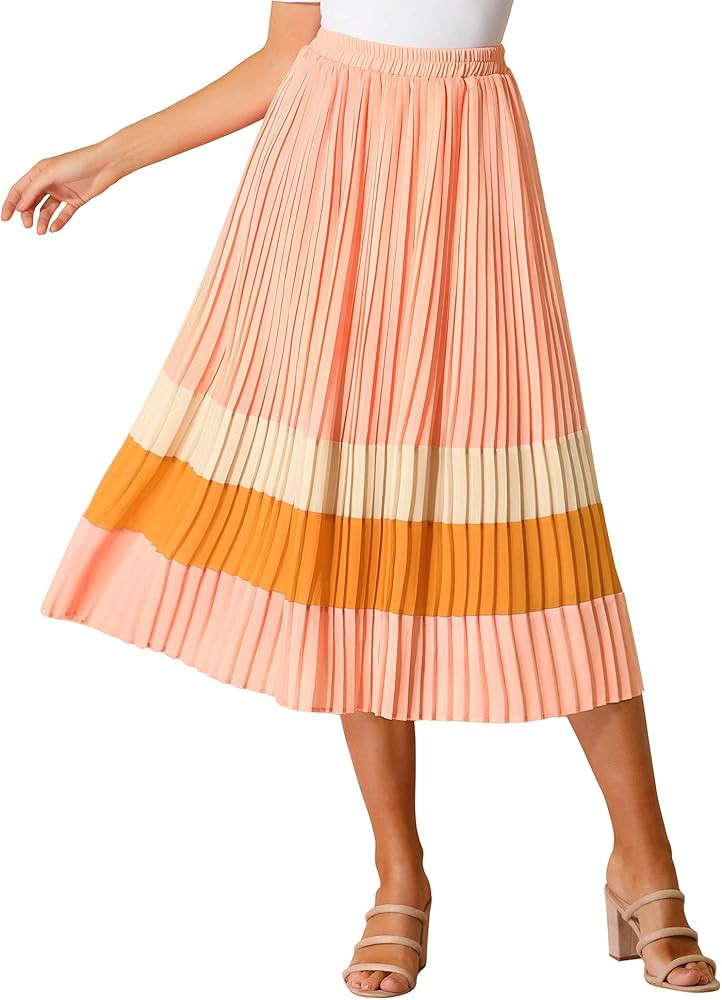Allegra K Women's Summer Elastic Waist Color Block A-Line Pleated Chiffon Midi Skirt | Amazon (US)