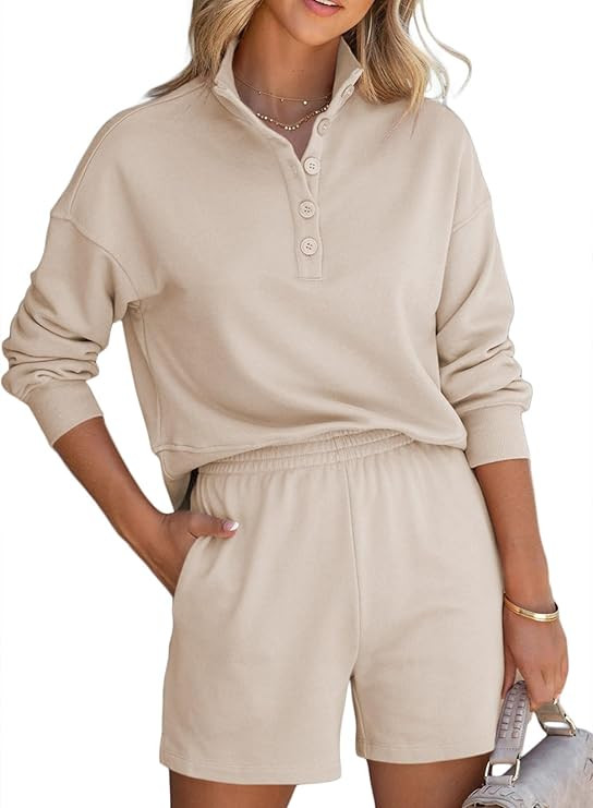 Aleumdr Women 2 Piece Outfits Sweatsuit 2023 Fashion Long Sleeve V Neck Button Down Pullover and ... | Amazon (US)