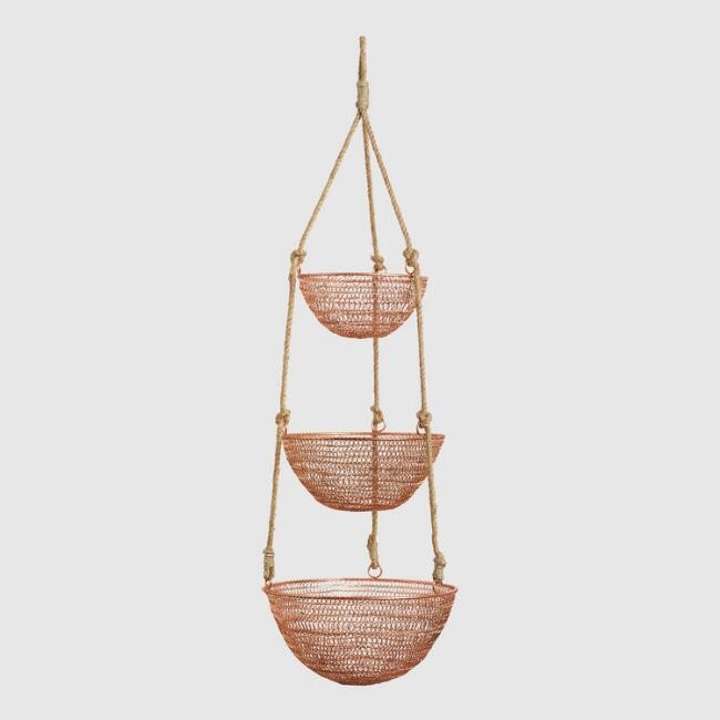 Copper And Jute Rope 3 Tier Hanging Basket | World Market