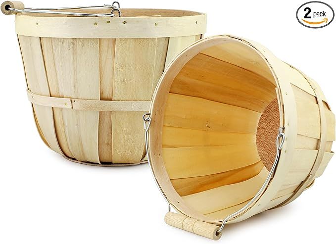 Cornucopia Round Wooden Baskets (2-Pack, Natural); Wood Fruit Buckets with Handle, 4-Quart Capaci... | Amazon (US)