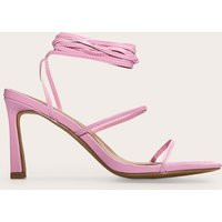 Pink Pu Square Toe Strappy Lace Up Mid Stiletto Heeled Sandals, Pink | PrettyLittleThing UK