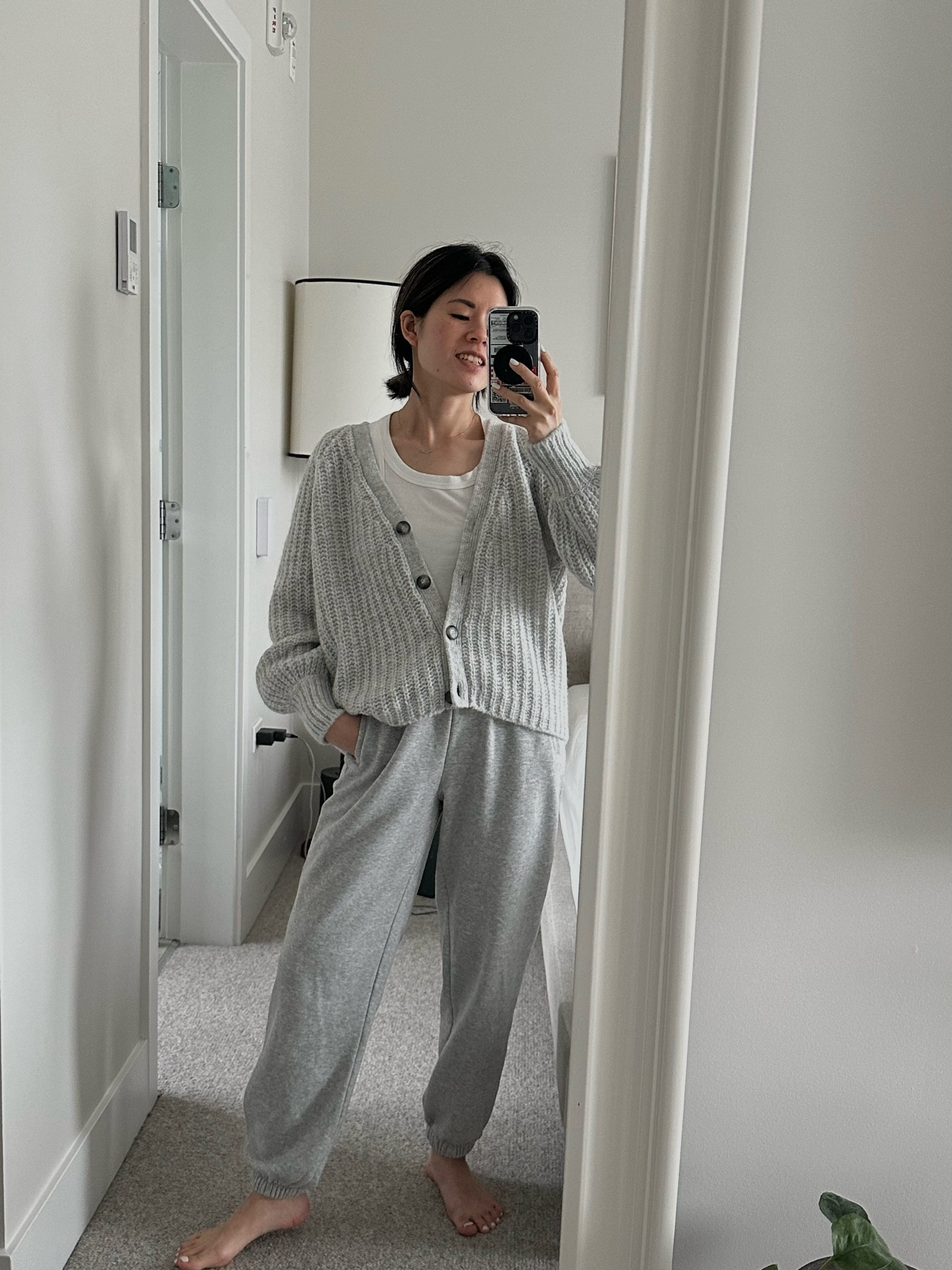 Cardi: Sezane. Tts. In an xs
Pants: Gap. In a S, regular length 