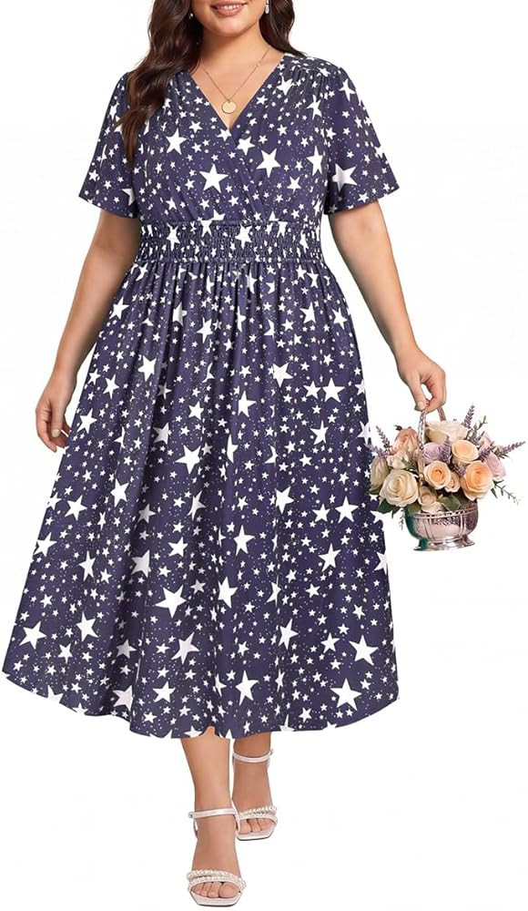CARCOS Plus Size Dresses for Curvy Women V Neck Summer Maxi Dress Short Sleeve Floral Boho Dress ... | Amazon (US)