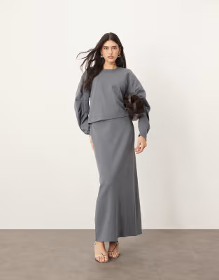 ARRANGE textured jersey boxy top co-ord with pleat sleeve detail in charcoal | ASOS (Global)