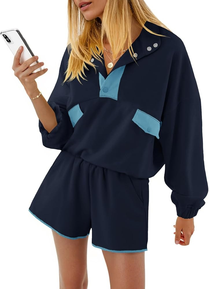 Fisoew Womens 2 Piece Sets Sweatsuits Casual Half Button Color Block Sweatshirts Running Shorts T... | Amazon (US)