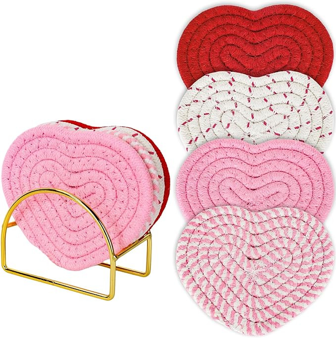 Whaline Valentine's Day Heart Coasters Handmade Braided Heart Cotton Coasters Pink Red Cup Mat wi... | Amazon (US)