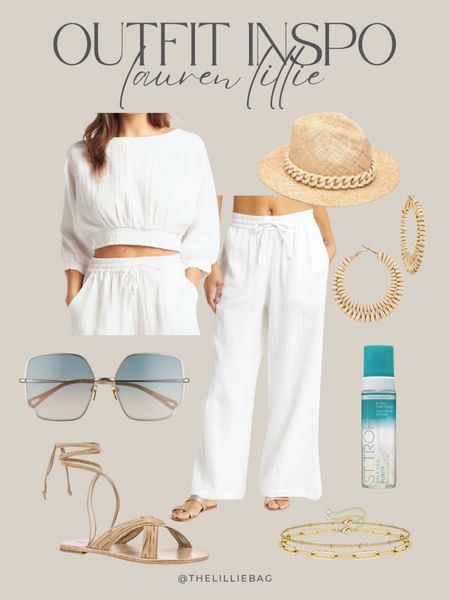 Spring break outfit inspo. Ordered! 

Cropped top. Palazzo pants. Straw hat with chain detail. Gucci sunglasses. Self tanner. Woven ankle sandals. Dainty gold bracelets. Woven earrings. Vacation style. 

#LTKunder100 #LTKtravel #LTKswim