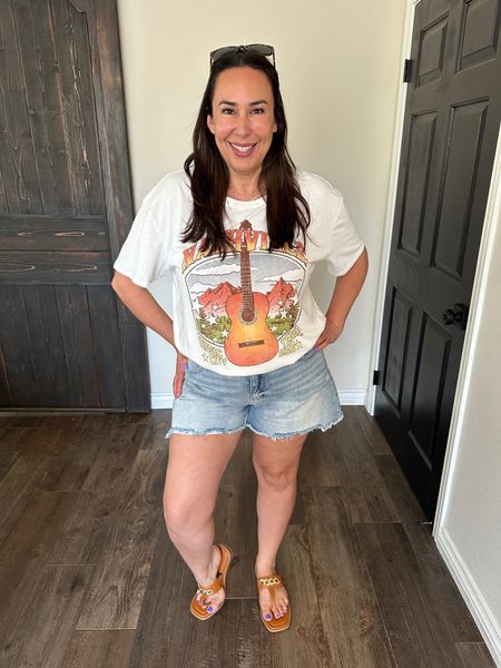 #walmartpartner Here’s a cute graphic tee for the country lovers! I like it with these jeans shorts and these cute sandals! I’m wearing my regular size XL in this tee and I sized up one to a 16 in these shorts. #walmartfashion @walmartfashion

#LTKStyleTip #LTKFindsUnder50 #LTKSeasonal
